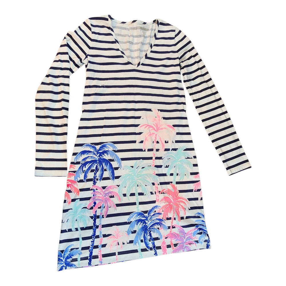 Lilly Pulitzer sz XSmall cotton beacon dress navy white strip colorful palm tree